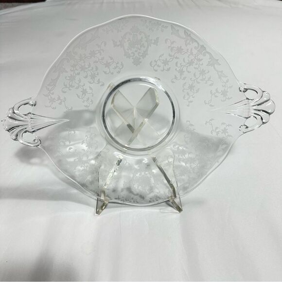 Fostoria VTG Glass Baroque Etched Chintz Handled Cake Plate Platter Dish 13.5” - Picture 9 of 11